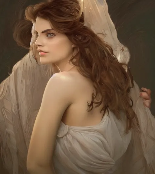 Prompt: portrait of a young woman, regal, soft features, muscular, half body, cloth, hazel eyes, short brown hair, thick eyebrows, back light, d & d, fantasy, intricate, highly detailed, digital painting, artstation, concept art, smooth, sharp focus, illustration, art by artgerm and greg rutkowski and alphonse mucha