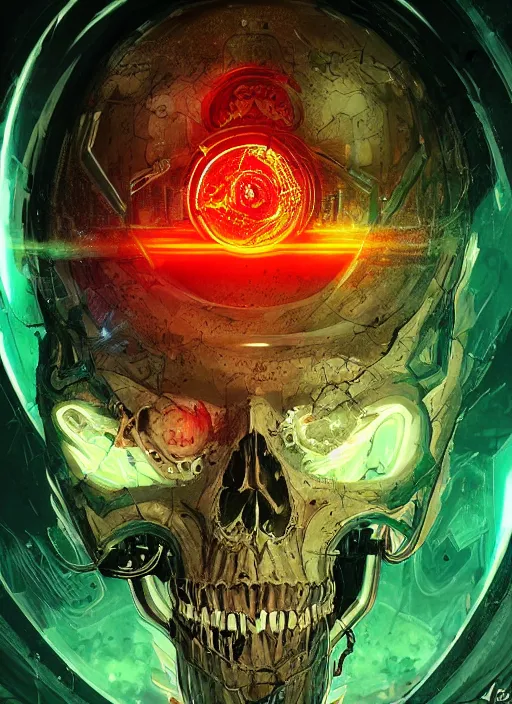 Image similar to a futuristic skull with glowing eyes and a wormhole tunnel cyberpunk art by android jones, featured on artstation, darksynth, synthwave