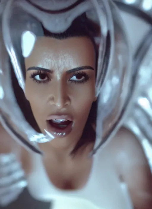 Prompt: film still of kim kardashian in the movie Alien, alien spider attached to her face as she tries to resist, spider webs on body, scary cinematic shot, 4k.