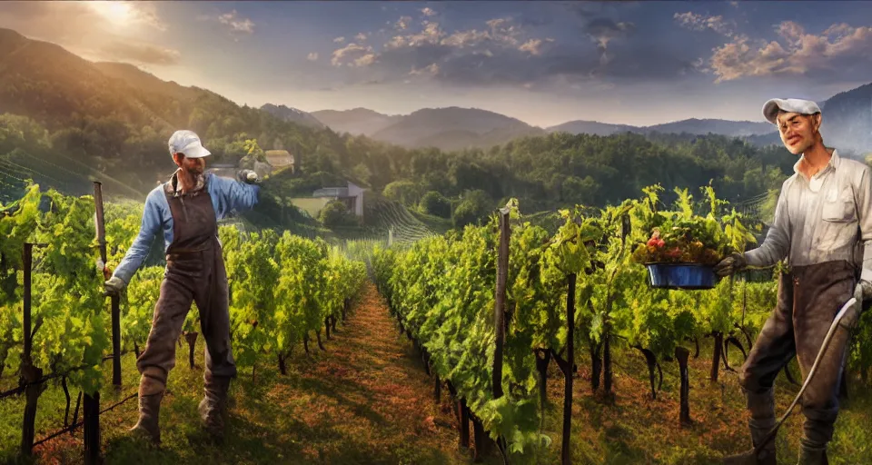 Image similar to A beautiful hyper realistic ultra detailed lifelike matte painting of traditional austrian vineyard worker, water reflection, unreal engine, deviantart, flickr, artstation, octane render, textured, colorful, extreme realistic detail, physically based rendering, pbr render, very detailed, volumetric lighting, detailed lighting, octane render, 4k, cinematic lighting, 8k resolution