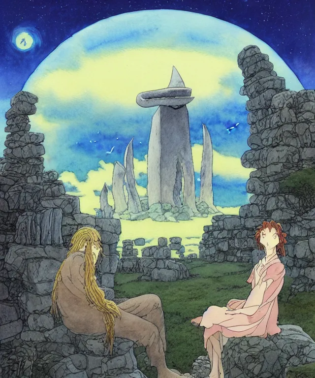 Image similar to a hyperrealist studio ghibli watercolor fantasy concept art. in the foreground is a giant long haired grey squid sitting in lotus position on top of stonehenge with shooting stars all over the sky in the background. by rebecca guay, michael kaluta, charles vess