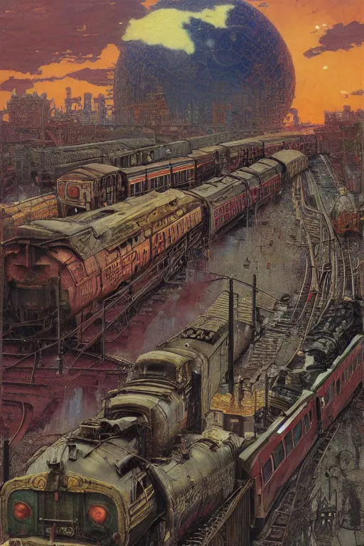 Image similar to trains covered in dripping graffiti paint, by lawrence alma tadema and zdzislaw beksinski and norman rockwell and jack kirby and tom lovell and greg staples and hiroshi yoshid and moebius and loish and artgerm, painterly, symmetrical, ultra detailed, hyper realistic, illustration, sunset lighting