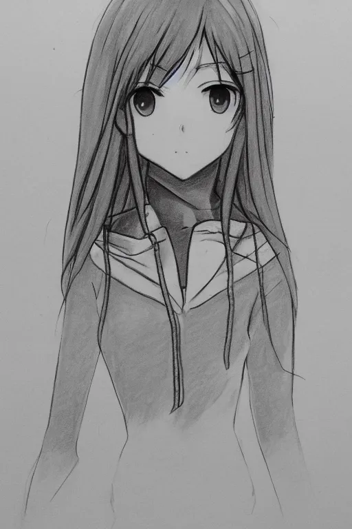 a pencil sketch of an anime girl wearing a hoodie, | Stable Diffusion |  OpenArt