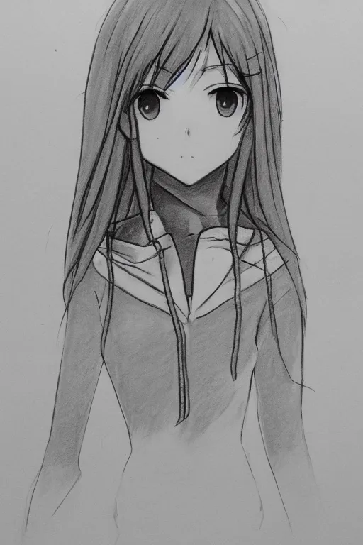 Prompt: a pencil sketch of an anime girl wearing a hoodie, rough sketch with erased lines, trending on artstation, detailed, anime