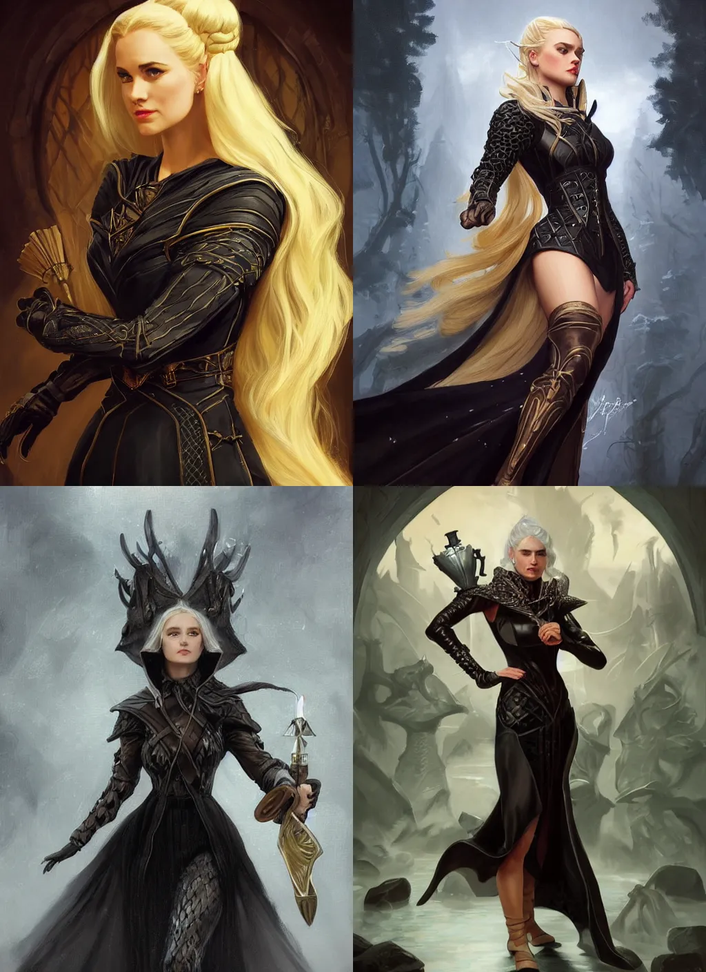 Prompt: a serious looking woman wearing a glossy black dress shaped like a chess piece, chess motiffs, blonde braided hair. fantasy concept art. moody epic painting by jc leyendecker, and thomas kinkade. artstationhq. painting with vivid color. ( dragon age, witcher 3, lotr )