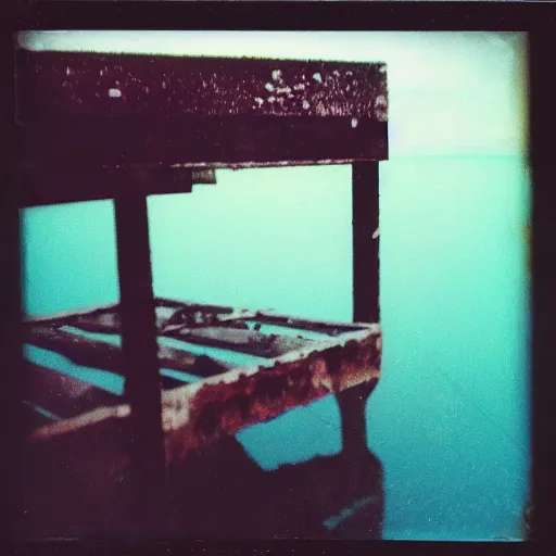 Image similar to a rusty bedframe, dark, murky water, underwater, old polaroid, expired film,