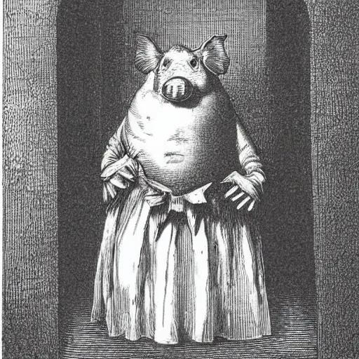 Prompt: a pig in a tuxedo, creepy atmosphere, dark, portrait, realistic, very realistic, illustration by Gustave Doré