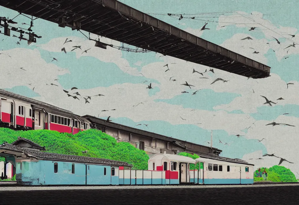 Image similar to low angle seaside landscape train rural japan, a collage painting, in the style of wes anderson, lola dupre, david hockney, isolated on negative white space background dark monochrome fluorescent neon spraypaint accents volumetric octane render