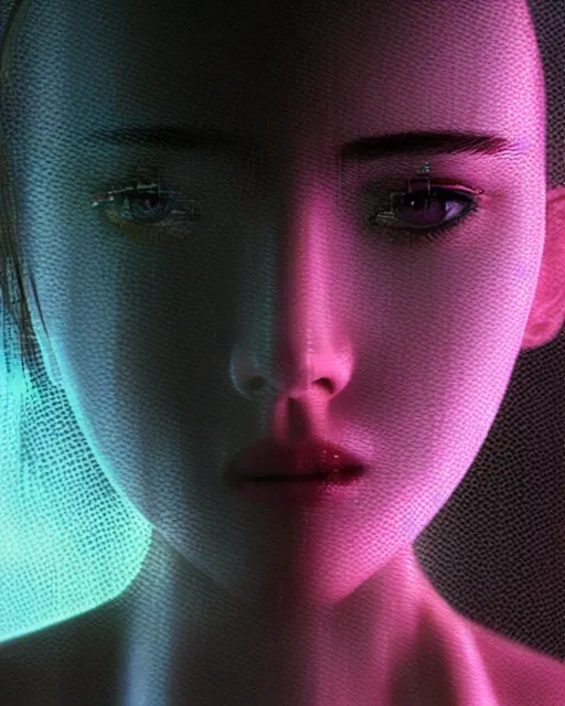 Prompt: A broken monitor with a calm AI girl's face on it. Very strong glitches on the monitor. Extremely high detail, glitchcore, glitches, glitch, synthwave, cyberpunk, vaporwave, 8k