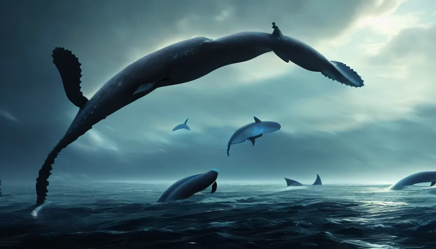 concept art of whales flying in the air in a style of, Stable Diffusion