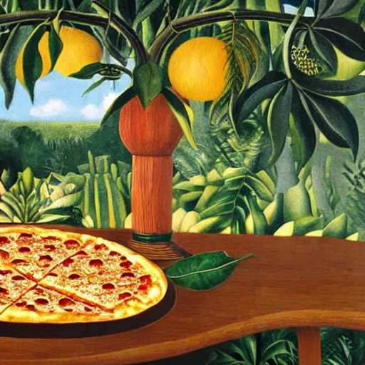 Image similar to A magaritha pizza on a marble table in a garden by Henri Rousseau