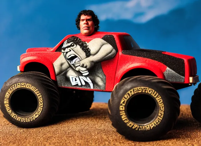 Prompt: photo of andre the giant as a monster truck driver, 8 k, 8 5 mm f 5. 6