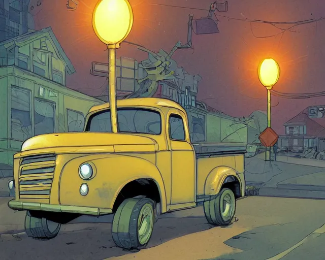 Image similar to a study of cell shaded cartoon of a yellow truck on a country road, street lamps, road, illustration, wide shot, subtle colors, post grunge, concept art by josan gonzales and wlop, by james jean, Victo ngai, David Rubín, Mike Mignola, Laurie Greasley, highly detailed, sharp focus, alien, Trending on Artstation, HQ, deviantart, art by artgem