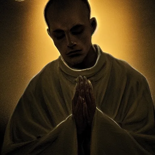 Image similar to Close up of a young, thin and stern catholic priest in his thirties fervently praying as he is about to die from the ominous Lovecraftian yellow shadow descending upon him from the night sky. Low angle, dramatic lighting. Award-winning digital art, trending on ArtStation