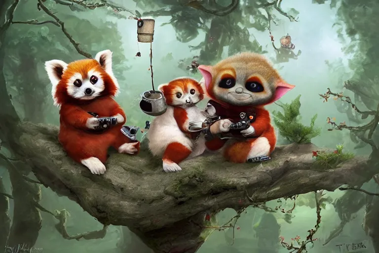 Prompt: an extremely cute (red panda) and the adorable (baby-yoda) sit on a lichen covered ancient bolder and sing songs and have a tea party, in the far background a hazy outline of a TIE fighter, mischievous, inquisitive, devious, hilarious, funny, by Tyler Edlin