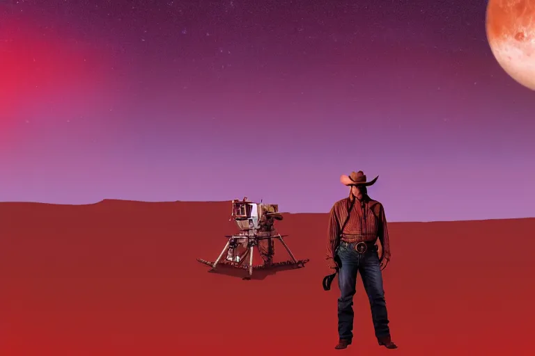 Image similar to old western cowboy with hand on hip on posing to camera on mars, distant background, red lighting, digital art, acrylic, colorful, ominous, moonlight, bokeh, depth of field, synthwave, psychedelic, glitch, acrylic, flooko, detailed, cybernetic, sci-fi, glows,