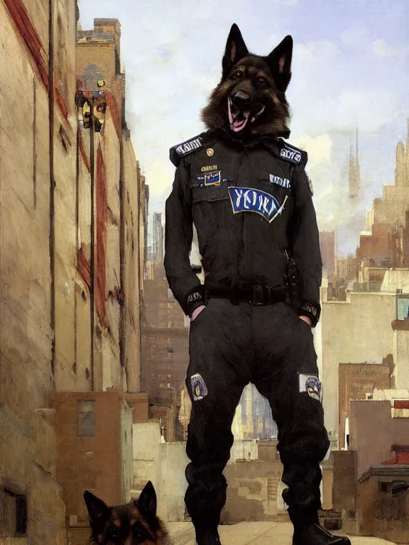 Image similar to new york city portrait of furry anthro anthropomorphic german shepard head animal person fursona wearing clothes nypd traditional police uniform in the alley, sunny day, digital art by Nerdrum John, William Waterhouse, Winslow Homer, Alex Heywood, Jordan Grimmer, Darren Quach, Greg Rutkowski, Simon Stalenhag, trending on Artstation, CGSociety