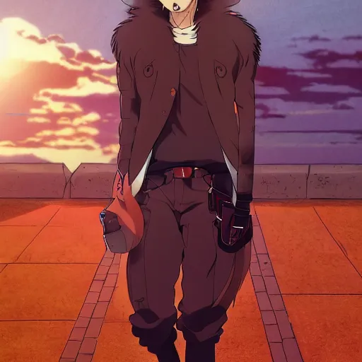 Image similar to key anime visual portrait of a handsome male anthro wolf furry fursona wearing a leather outfit as he walks outdoors in a city at sunset, official modern anime scene