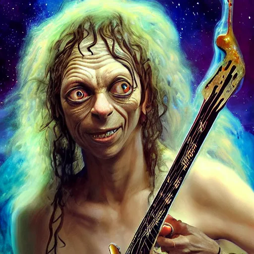 Image similar to beautiful oil painting with high detail of a Gollum with long curly hair made of stars and nebulas, holding a futuristic electric guitar and art direction by James Cameron; by artgerm; wayne reynolds art station; cinematic quality character render; low angle; ultra high quality model; production quality cinema model; Fleshless
