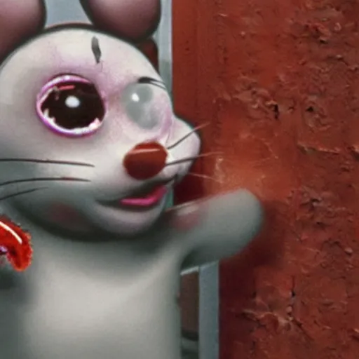 Prompt: horror creepypasta chuck E cheese mouse breaking into room, hyperrealistic blood and eyes, cursed image