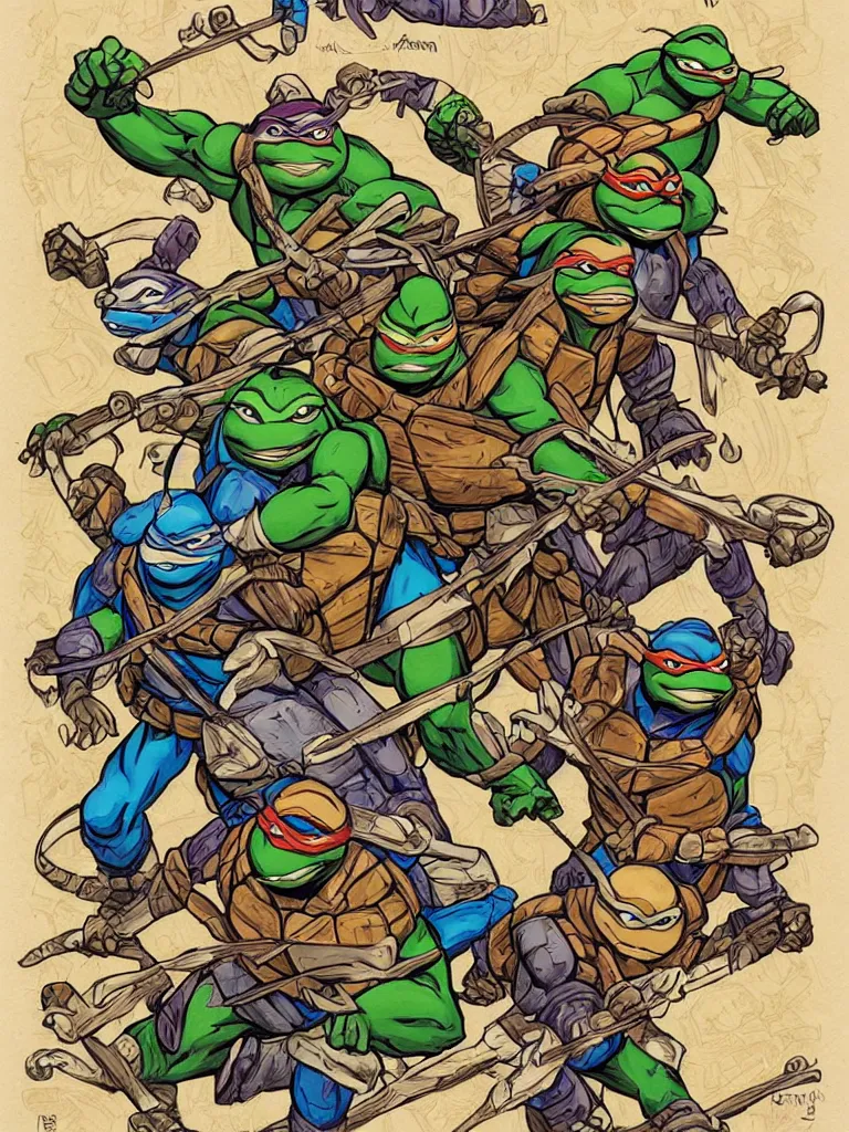 Prompt: art nouveau teenage mutant Ninja turtles