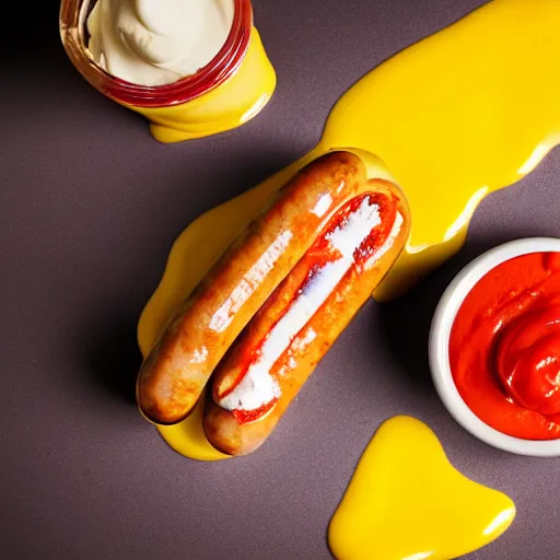 Prompt: commercial photo of a sausage ice cream, mustard, ketchup, relish