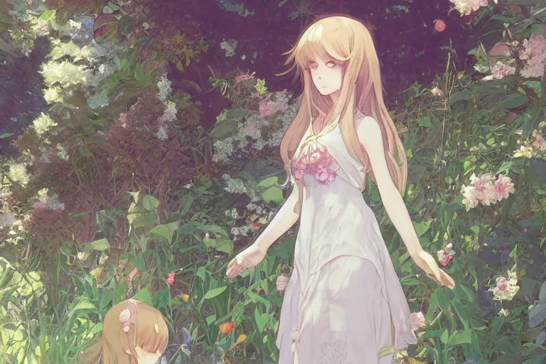 Image similar to a digital art of a loli with long hair in a dress in the privet garden at after noon, by krenz cushart and mucha and akihito yoshida and greg rutkowski and makoto shinkai, detailed eyes, 4 k resolution 、 trending on art station