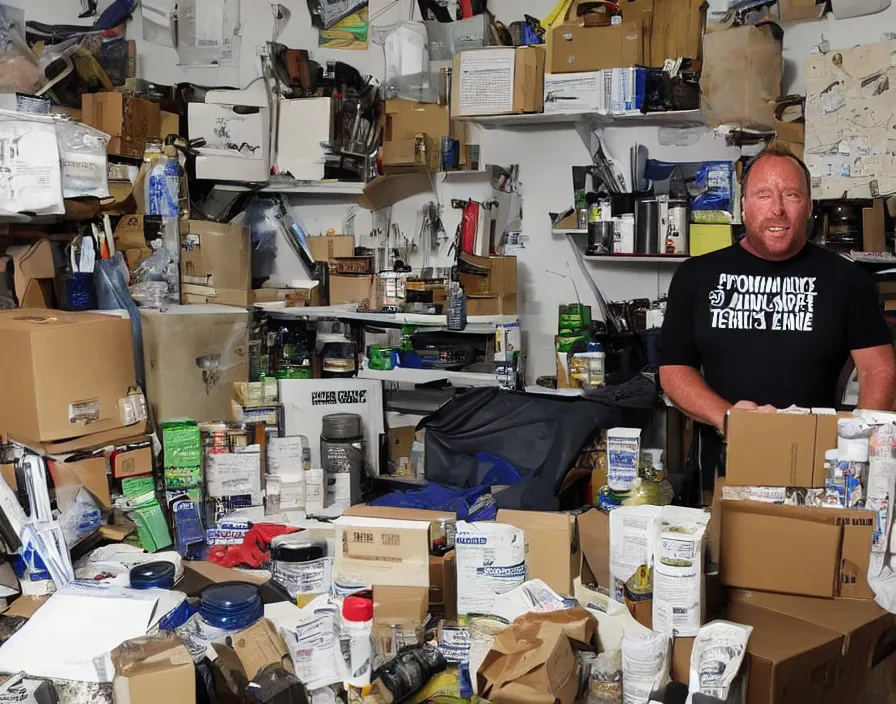 Prompt: Alex Jones inventing new conspiracy theories in his garage office, surrounded by boxes of herbal supplements and trash, sweaty skin, a riot team is kicking in the door, detailed photograph high quality