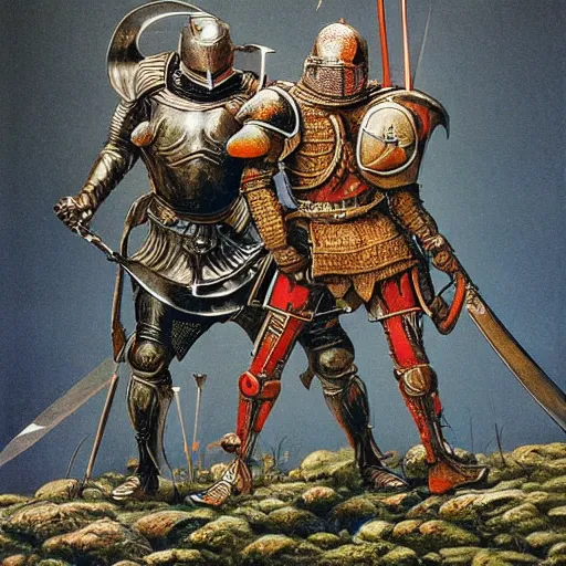 Prompt: two knight in armour fighting with swords, fluid, smooth, organic, crazy, bright, colours, tumours, high contrast, sharpness, dramatic, very detailed, intricate, by giger and corben and moebius and beksinski and bosch and bacon