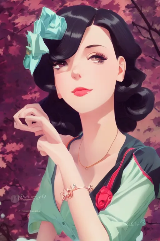 Image similar to portrait of a beautiful girl with dark hair dressed in 1940's fashion, park background, rich vivid colors, ambient lighting, dynamic lighting, 4k, official media, anime key visual, makoto shinkai, ilya kuvshinov, lois van baarle, rossdraws, detailed, trending on artstation