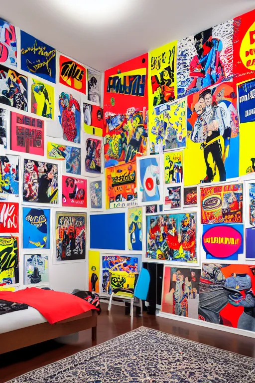 Prompt: boy room with full of pop art poster, and scattered clothes mural, photorealistic, smooth, 4 k, aesthetic lighting, baroque object, sharp focus, hyperdetailed, professional photography, pullitzer winning, photo by : canon eos 5 d mark iv, by karah mew and adnan abidi and jodie bateman