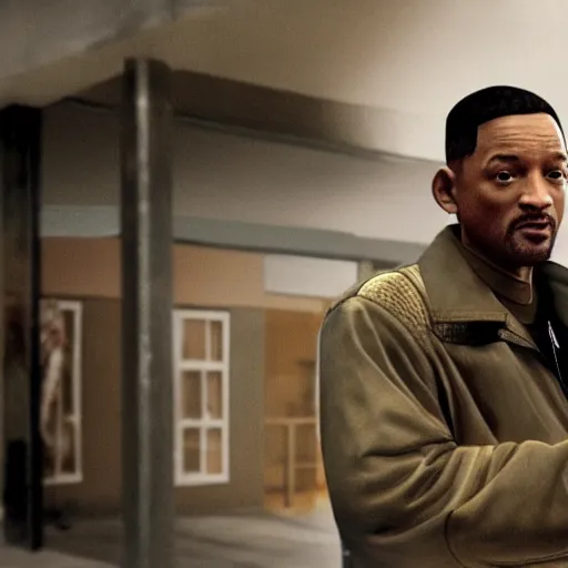 Image similar to film still of will smith dressed like niko bellic (character from Grand Theft Auto IV), photorealistic