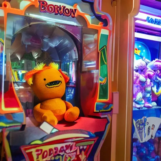 Image similar to an arcade claw machine filled with plush toys that look like boris johnson,