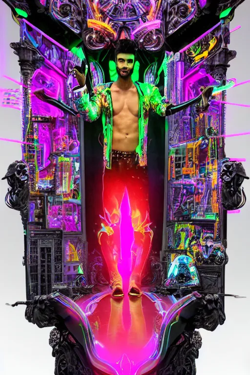 Image similar to full-body bladerunner neon baroque style sculpture of a handsome colombiano Maluma as a half cibernetic android with a chest opening exposing circuitry and electric sparks, glowing laser beam eyes, crown of giant diamonds, flowing neon-colored silk, fabric, raptors. intricate artwork by caravaggio. Trending on artstation, industrial lighting , photorealistic, octane render, 8k, depth of field, 3D