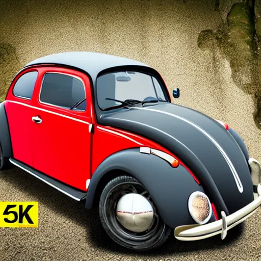 Image similar to promotional scifi - blockbuster movie scene of an insect - ladybug is mostly melded with a'glossy volkswagen beetle '. it wings and is flying down a dusty backroad along a gentle creek in smokey mountains tennessee. cinematic, muted dramtic color, 4 k, imax, 7 0 mm, hdr