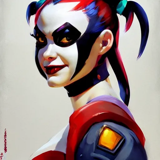 Image similar to greg manchess portrait painting of harley quinn as overwatch character, medium shot, asymmetrical, profile picture, organic painting, sunny day, matte painting, bold shapes, hard edges, street art, trending on artstation, by huang guangjian and gil elvgren and sachin teng