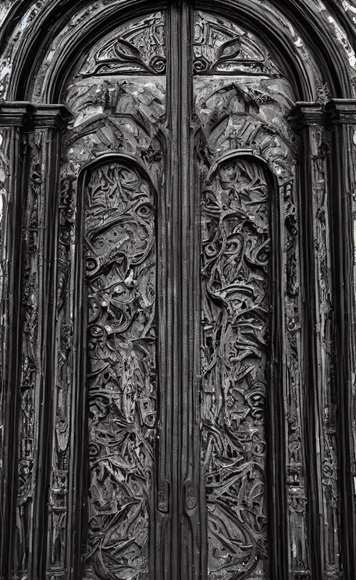 Image similar to portal double doors. big face carved in the center. gothic medieval baroque. black iron. symmetry. epic. ominous shapes. hyper detailed. photoreal