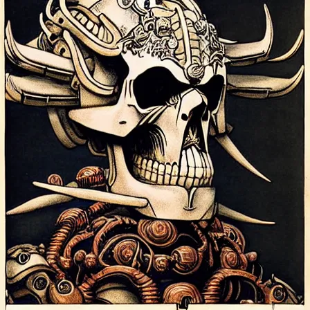 Image similar to still frame from Prometheus by Utagawa Kuniyoshi, lich king Dr doom in ornate bio cybernetic bone armour and skull mask helmet in hells bioship by Wayne Barlowe by peter Mohrbacher by Giger, dressed by Alexander McQueen and by Neri Oxman, metal couture hate couture editorial