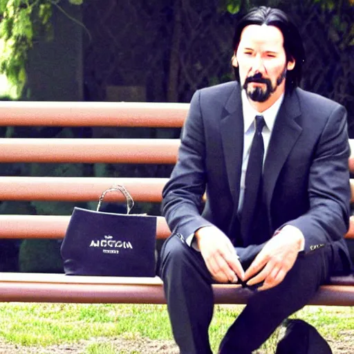 Image similar to Sad Keanu Reeves In a business black suit, sitting on a bench and sad, focus in the foreground, realism, details,