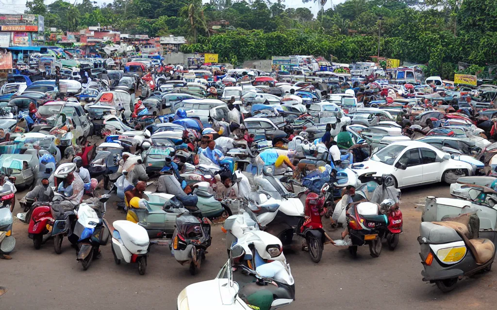 Prompt: An extremely long queue of cars and mopeds waiting for gas at a gas station in sri lanka in the style of edeard hopper