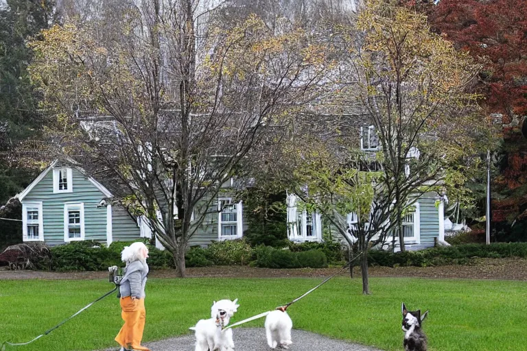 Prompt: the old lady across the street is walking her three tiny white dogs on leashes. she is sour and dour, and angry. she is looking down. she has gray hair. she is wearing a long gray cardigan and dark pants. green house in background. large norway maple tree in foreground. view through window.