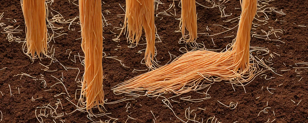 Image similar to tight angle of harvesting ripe spaghetti out of the dirt on the farm, small details, intricate, canon 5 0 mm, high detail, intricate, cinematic lighting, photography, wes anderson, film, kodachrome