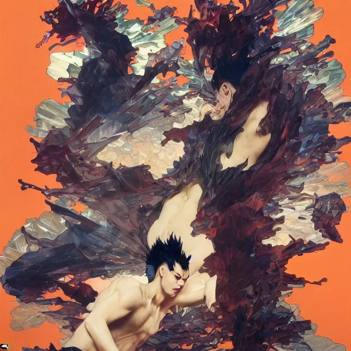 Image similar to a mad guy with spike black hair, orange spike aura in motion, damaged japanese clothes, floating pieces, painted by art by tsuyoshi nagano, greg rutkowski, artgerm, alphonse mucha