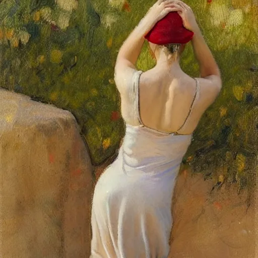 Image similar to woman with baseball cap, back view, summer dress, by paul chabas