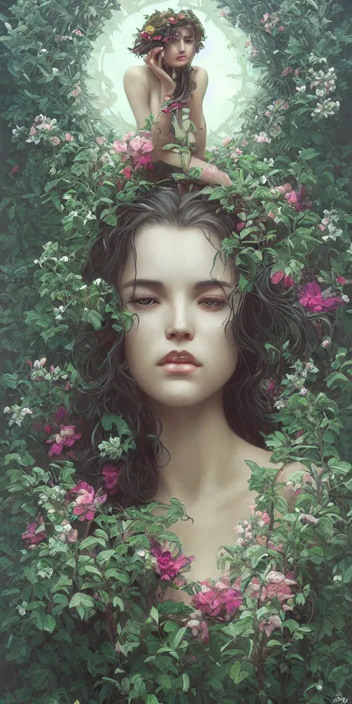 Image similar to surreal beautiful young woman, sitting with flowers, detailed gorgeous face turning into a tree, leaves, dark, ominous, sad eyes, vaporwave aesthetic, synthwave , digital painting, artstation, concept art, smooth, sharp focus, illustration, art by artgerm and greg rutkowski and alphonse mucha