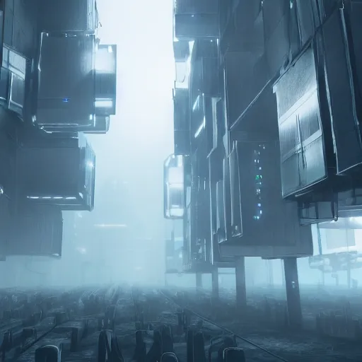 Image similar to illustration of rows of limp humans hanging like clothing in an ice box, rolling fog, cyberpunk, dystopian, dramatic lighting, unreal engine 5