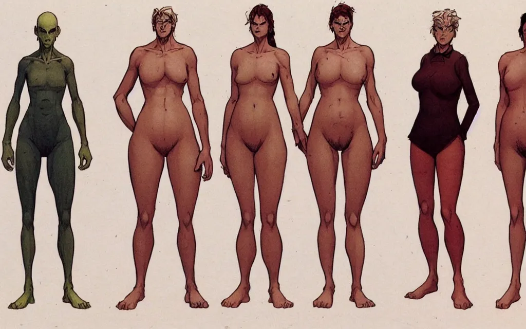 Image similar to a variety of 3 very different female / male short / tall skinny / fat angry / happy character designs by moebius, full body, spaced evenly