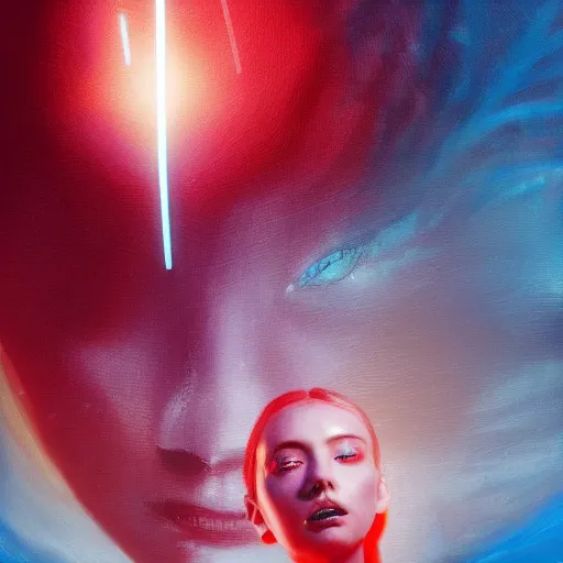 Image similar to 3 d, sci - fi, morning, sleepy fashion model face, sun, neon, cinematic, lightning clouds, vogue cover style, poster art, light red and deep blue mood, realistic painting, intricate oil painting, high detail, figurative art, multiple exposure, poster art, 3 d, by tooth wu and wlop and beeple and greg rutkowski