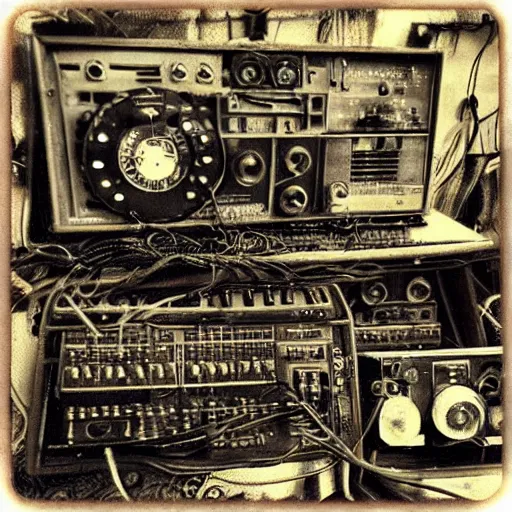 Image similar to “Old steampunk synthesizers with keyboard and audio meters. Lots of wires. Close-up. Scratched and torn old photograph”