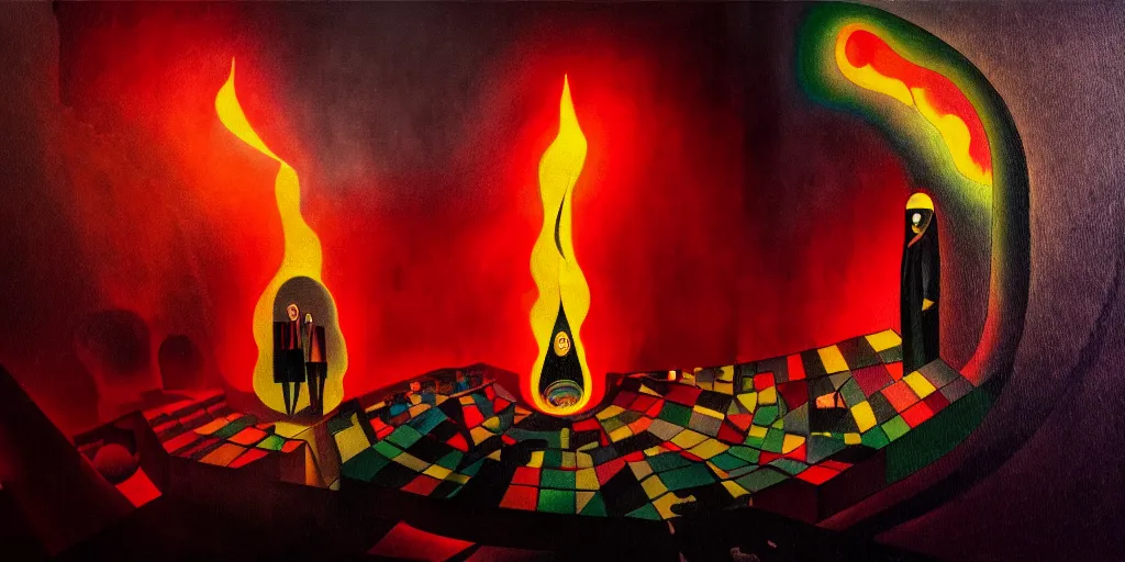 Image similar to trapped on a hedonic treadmill, dark uncanny surreal painting by ronny khalil, and kandinsky, dramatic lighting from fire glow, mouth of hell, ixions wheel